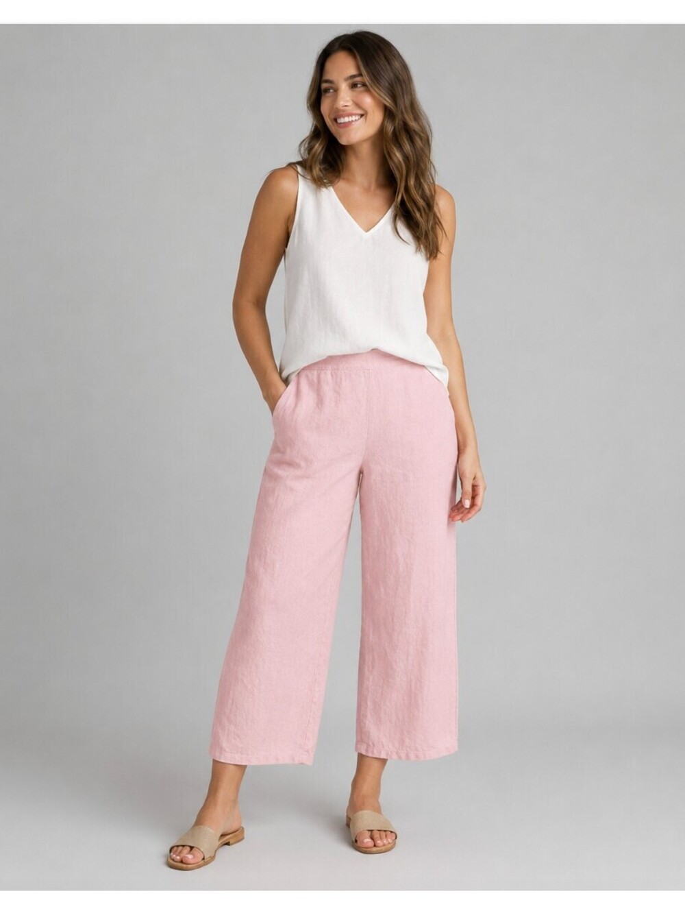 FLAX Wide Leg Flood Pants Blush Pink 100% Linen Women’s Medium